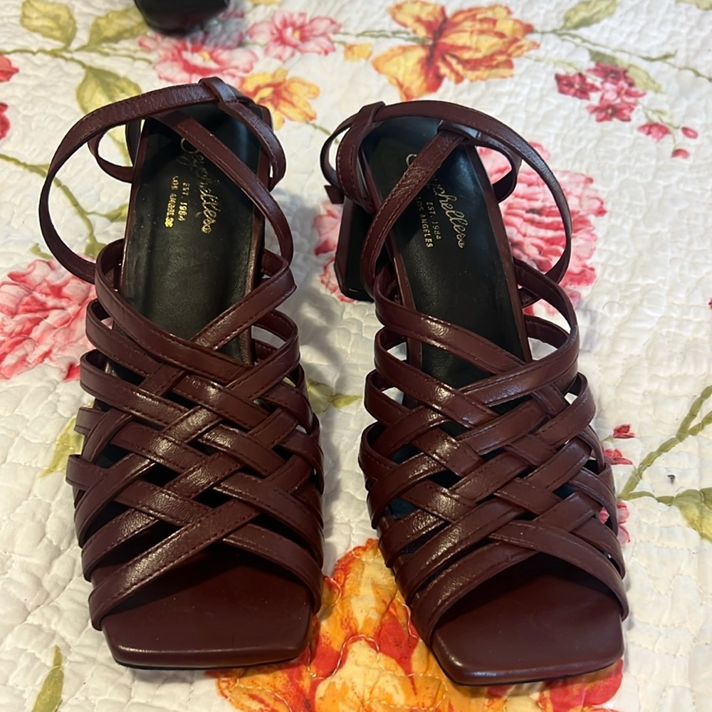 SEYCHELLE Burgundy Braided‎ Leather Chunky Heel Sandal Strappy Woven